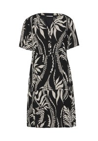 Schwarzes Kleid mit kurzen Ärmeln, V-Ausschnitt und einem gestuften Design, das ein weißes botanisches Blättermuster aufweist. Hergestellt aus leichtem Stoff.