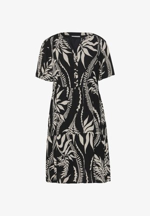 Zwarte jurk met korte mouwen, V-hals en een gelaagd ontwerp, met een wit botanisch bladmotief overal. Gemaakt van een lichtgewicht stof.