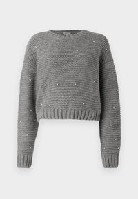 Maglione a collo alto grigio a maglia, corto e con maniche lunghe, decorato con piccole perle simili a perline sparse.