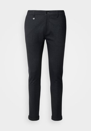 Black trousers with a textured pattern, slim fit design, front pockets, and a single button closure. Rolled cuffs for a tailored look.