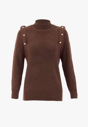 Maglione marrone a coste con collo alto, con dettagli di bottoni d'oro sulle spalle e maniche lunghe. Tessuto morbido e design aderente.