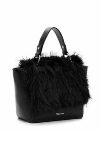 Borsa in pelliccia sintetica nera con una base in pelle liscia, manici corti e accessori in metallo. Presenta una forma rettangolare e una texture morbida.