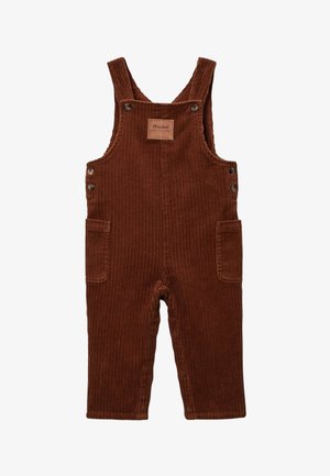 Salopette en velours côtelé marron avec bretelles réglables et fermetures à bouton. Comprend deux poches avant et une étiquette carrée sur la poitrine.