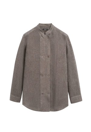 Brązowa lniana kurtka kucharska z długim rękawem, kołnierzem typu mandarynka i dwurzędowym zapięciem na guziki, prezentowana na białym tle.