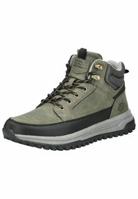 Botas de tobillo para hombre en verde oliva con parte superior de cuero y tejido, puntera reforzada, cuello acolchado y suela de goma resistente con profundas banditas.
