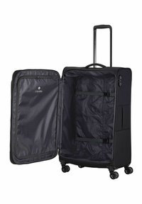 Valise rigide noire avec poignée rétractable, quatre roues et sangles intérieures, dotée d'un revêtement en tissu lisse et d'une poche zippée.