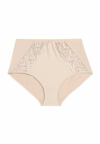 Beige trusser med høj talje, prydet med prikket stof, gennemsigtige blonder på siderne og glat tekstur. Fremtrædende rosenblonde-detalje.