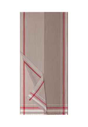 Beige und taupefarbener Tischläufer mit roten, weißen und grauen Streifen entlang der Kanten, gefaltet, um Vorder- und Rückseite zu zeigen.