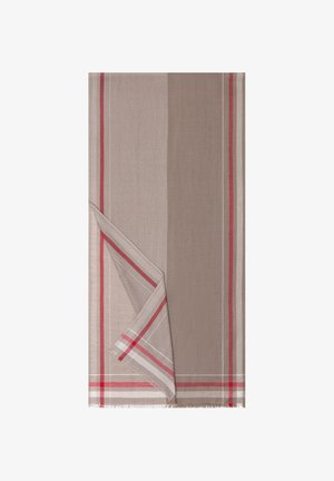 Beige and taupe tablecloth with red, white, and gray stripes along the edges, folded to show both front and back sides.