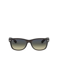 Occhiali da sole tartarugati con forma rettangolare, lenti grigie sfumate e logo Ray-Ban sul lato sinistro della montatura.