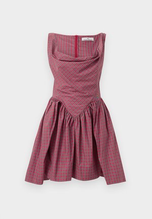 Rot-grünes kariertes ärmelloses Kleid mit tailliertem Oberteil, ausgestelltem Rock und kleinem gesticktem Logo an der Taille.