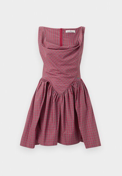 Red and green plaid sleeveless dress with fitted bodice, flared skirt, and small embroidered logo on waist.