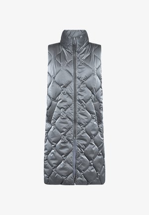Long sleeveless quilted silver-gray vest with high collar, front zipper, and side pockets.