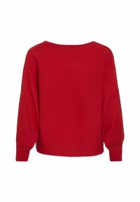 Czerwony sweter z prążkowaną teksturą, szerokim dekoltem i balonowymi rękawami. Krój jest luźny i sięga do bioder.