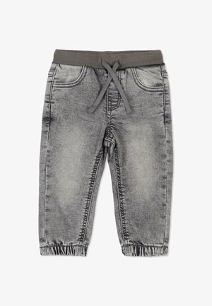 Pantalon pour tout-petit style jean gris délavé avec taille élastique, cordon de serrage, poches avant et poignets élastiques aux chevilles.