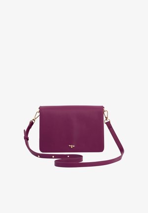 Purple leather crossbody bag with a flat design, gold hardware accents, and a detachable strap. Smooth texture with minimal detailing.