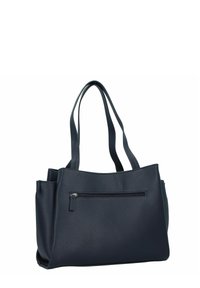 Borsa tote in pelle blu navy con doppie maniglie, dotata di una tasca frontale con cerniera e texture liscia. Interno spazioso per l'uso quotidiano.