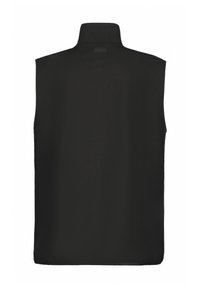 Zwarte mouwloze vest met hoge kraag, een soepele textuur, minimalistisch ontwerp en geen zichtbare hardware of accenten.