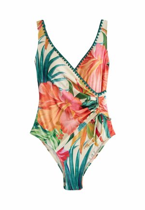 Costum de baie dintr-o singură piesă cu imprimeu floral tropical, decolteu adânc în V, fermoar lateral și șnur decorativ pe fundal alb.