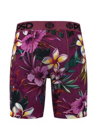 Boxer in cotone con fascia in vita color bordeaux, logo "PSD" nero e vivace motivo floreale tropicale in tonalità di viola, giallo, bianco e verde.