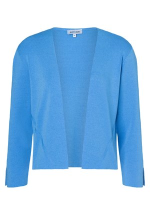 Hellblauer Cardigan mit offenem Vorderteil, langen Ärmeln und gerippter Struktur, Größe 36, Etikett „MORE & MORE“ am Halsausschnitt.