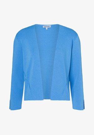 Hellblauer Cardigan mit offenem Vorderteil, langen Ärmeln und gerippter Struktur, Größe 36, Etikett „MORE & MORE“ am Halsausschnitt.