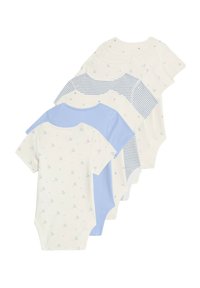 Set di cinque body per neonati a manica corta in colori chiari, con stampe floreali, blu chiaro e design a righe. Tessuto in cotone morbido.