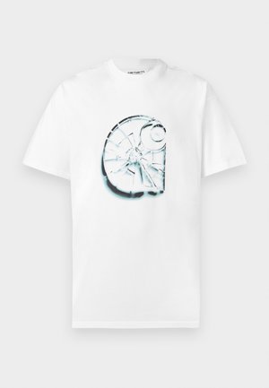 Biele bavlnené tričko s veľkým grafickým motívom prasknutého skla v modrej a čiernej farbe na prednej strane, s okrúhlym výstrihom a krátkymi rukávmi.