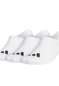 White ankle socks made of fabric with a smooth texture. Features black logo accents and striped pattern near the top. Three pairs displayed.