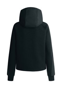 Schwarzer Kapuzenpullover aus einem strukturierten, weichen Material. Verfügt über ein kurzes Design, Raglanärmel und schmale Bündchen.