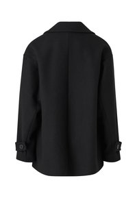 Abrigo de mezcla de lana negra con cuello de muesca, corte relajado y puños abotonados. La parte posterior presenta un diseño limpio y simple, sin adornos.