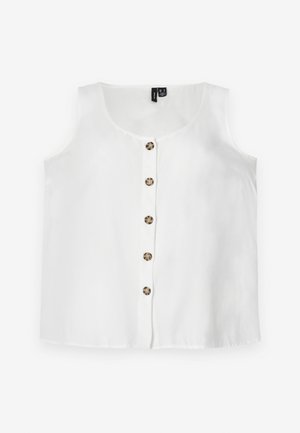 Kerge valge ilma varrukateta topp, millel on ümar kaelus ja ees kuue ümmarguse pruuni nööbiga kinnitamine.