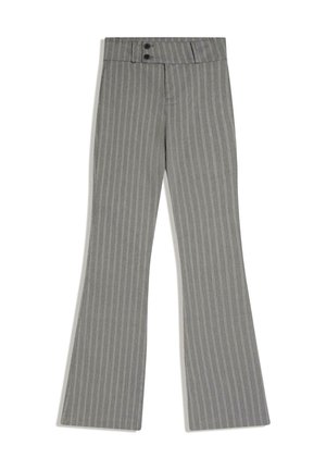 Grijze krijtstreepwijd been broek met een hoge taille en twee zwarte knopen aan het voorpand.