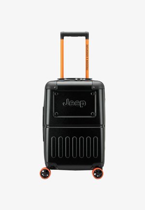 Schwarzer Hartschalenkoffer mit orangefarbenen Rädern und Griff, "Jeep"-Logo auf der Vorderseite und "FREEDOM & ADVENTURE" auf dem Griff aufgedruckt.