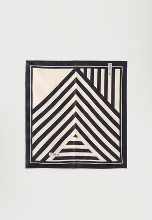 Black and white silk scarf with geometric diagonal and vertical stripes forming a triangular pattern, labeled "FILIPPA K" in two corners.