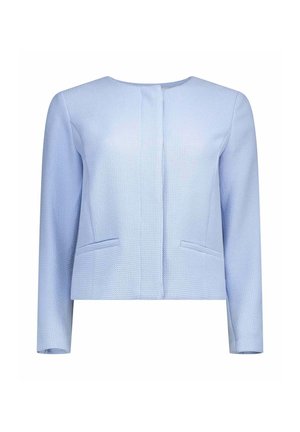 Lichtblauwe getextureerde lange mouwen jas met een ronde halslijn, verborgen voorsluiting en twee voorzakken met bies.