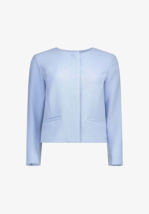 Lichtblauwe getextureerde lange mouwen jas met een ronde halslijn, verborgen voorsluiting en twee voorzakken met bies.