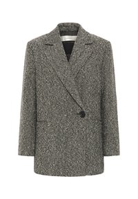 Dubbelbreasted blazer van gestructureerde zwart-witte stof. Kenmerkt zich door grote revers, een enkele knoopsluiting en twee voorzakken.