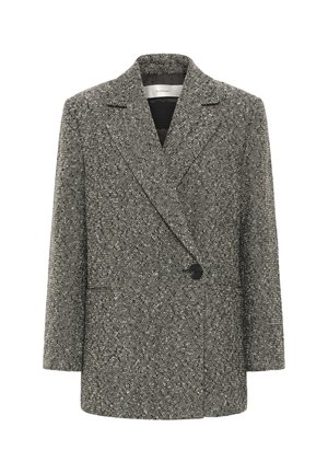 Dubbelbreasted blazer van gestructureerde zwart-witte stof. Kenmerkt zich door grote revers, een enkele knoopsluiting en twee voorzakken.