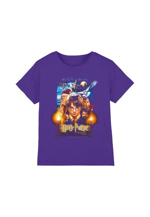 Purple shirt featuring Harry Potter with glasses, owl flying, Hogwarts castle, and other key characters from "Harry Potter and the Sorcerer's Stone."