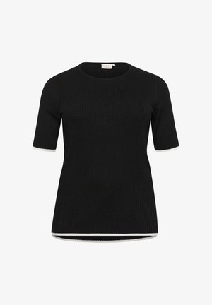 Black ribbed sweater with short sleeves. Features a white trim around the cuffs and bottom hem, with a rounded neck design. Soft texture.