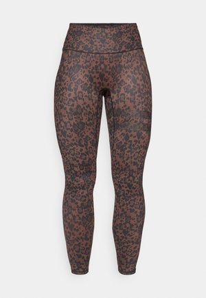 Høyt liv leggings i et brunt og svart leopardmønster, laget av elastisk materiale, med en glatt overflate og tett design.