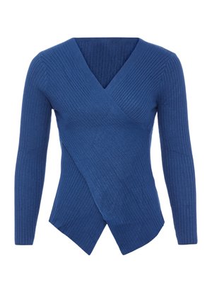 Blauw geribbeld langemmouwen top met een crossover-ontwerp, voorzien van een diepe V-hals en een schuine zoom. Gemaakt van een zachte, gestructureerde stof.