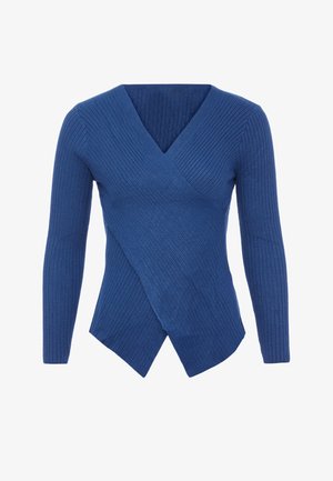 Niebieska, prążkowana bluzka z długim rękawem o fasonie krzyżującym, z głębokim dekoltem w serek i skośnym dołem. Wykonana z miękkiego, teksturowanego materiału.