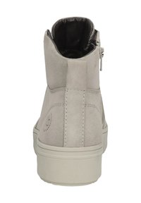 Graue Wildleder High-Top Sneaker mit glatter Oberfläche, Reißverschluss und strukturiertem weißen Gummisohle. Minimalistisches Design mit dezentem Nähen.