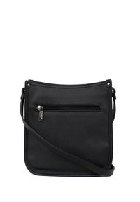 Borsa a tracolla nera in pelle con tasca frontale con zip, texture liscia, forma rettangolare e tracolla regolabile.