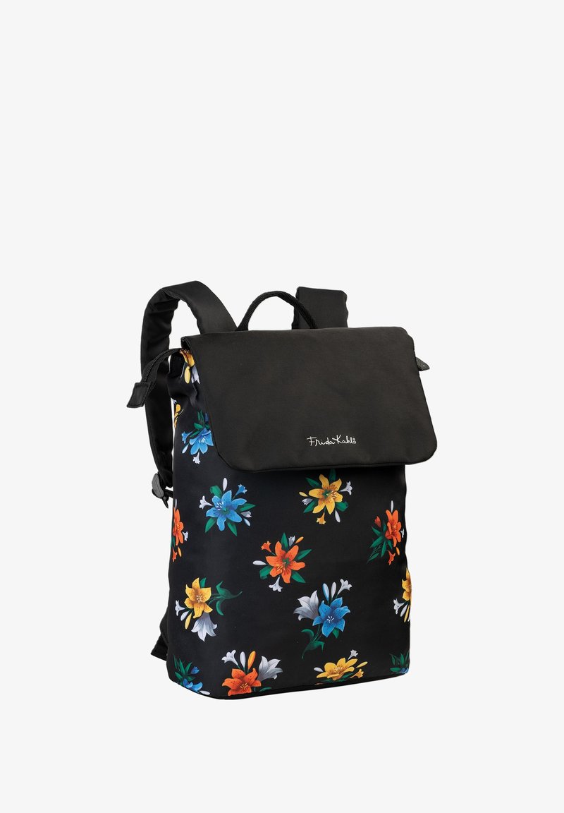 Black floral backpack featuring vibrant orange, blue, and white flowers. Includes a flap closure and adjustable straps. Durable fabric.