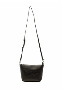 Borsa a tracolla nera in pelle con superficie testurizzata, logo "Saint Barth" impresso, e tracolla regolabile. Forma rettangolare compatta.