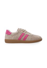 Beige suede sneaker with pink suede accents, three pink stripes on the side, and a brown rubber sole. Laced with beige shoelaces.