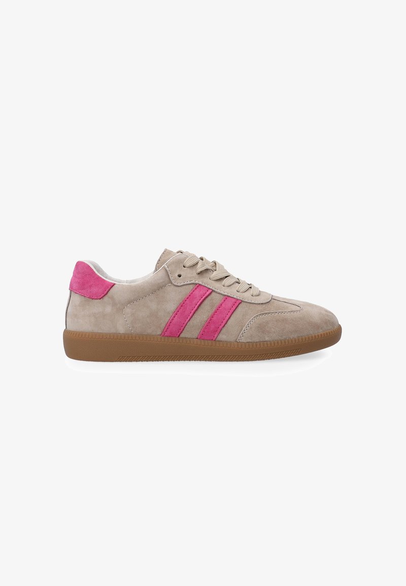 Beige suede sneaker with pink suede accents, three pink stripes on the side, and a brown rubber sole. Laced with beige shoelaces.